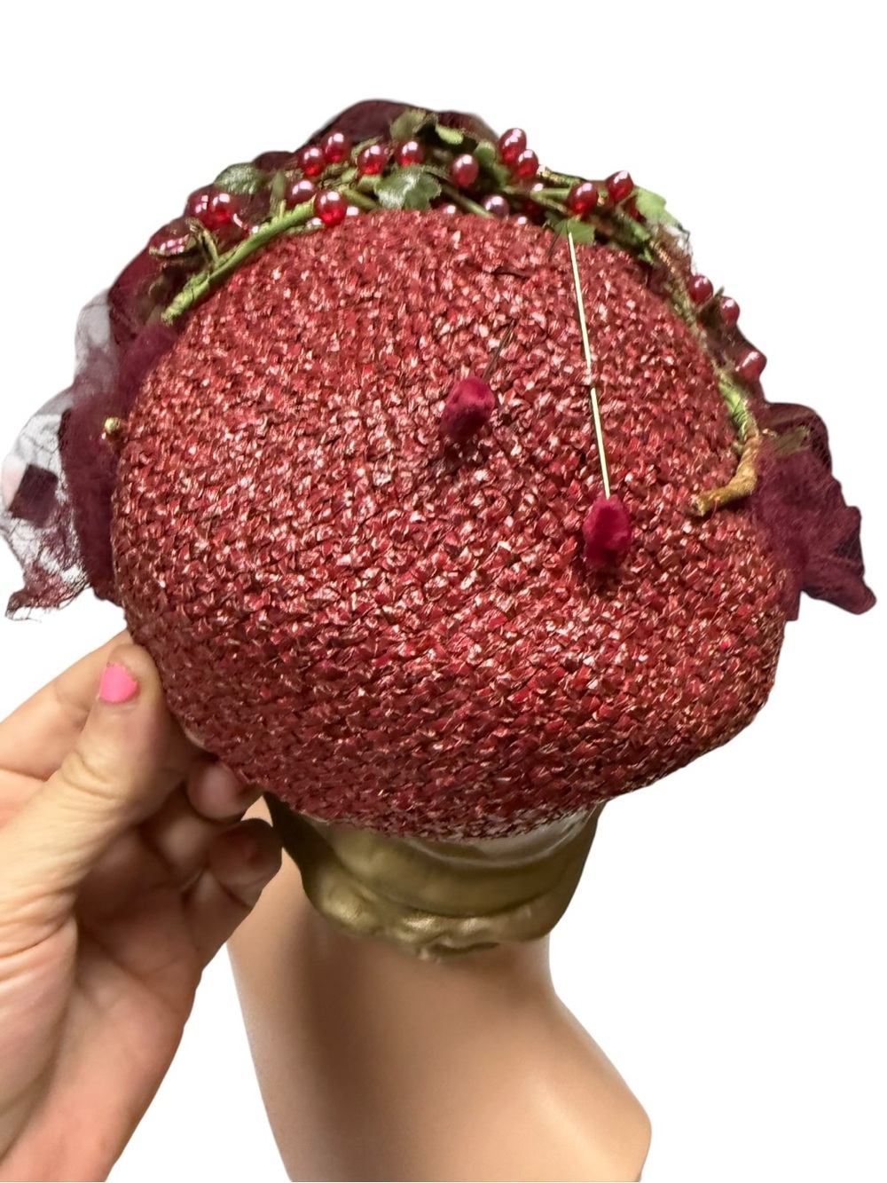 Vintage Eraine Wendling Berry Cocktail Hat with Veil and Bead Trim - Picture 3 of 8